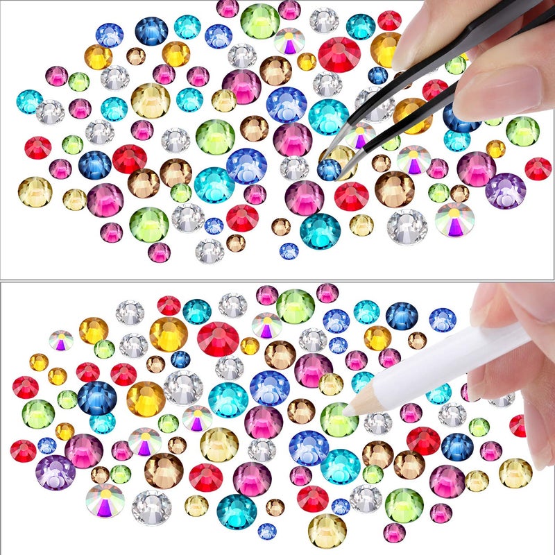 TecUnite 2000 Pieces Flat Back Gems Round Crystal Rhinestones 6 Sizes (1.5-6 mm) with Pick Up Tweezer and Rhinestones Picking Pen for Crafts Nail Face Art Clothes Shoes Bags DIY (Multicolors) - Image 2